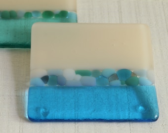 Glass Coasters | Beach Design | Ocean Coasters | Really useful Gift | Sea Glass Beads | Turquoise and Marzipan or Green and Marzipan