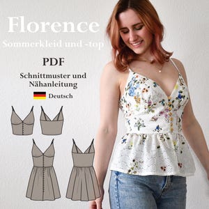 May include: A PDF sewing pattern for a summer dress and top called "Florence". The pattern includes a German flag and the word "Deutsch". The pattern is shown on a white background with a model wearing a white top with floral embroidery.