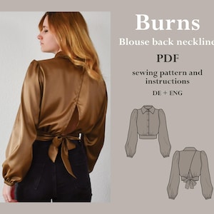 Könnte beinhalten: Ein Schnittmuster für eine Bluse mit einem Rückenausschnitt. Das Schnittmuster heißt "Burns" und enthält Anleitungen in Deutsch und Englisch. Das Schnittmuster ist für eine Bluse mit einer Schleife am Rücken.