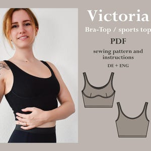 Könnte beinhalten: Ein Schnittmuster für ein schwarzes Sport-BH-Oberteil namens "Victoria". Das Schnittmuster enthält Anleitungen in Deutsch und Englisch.
