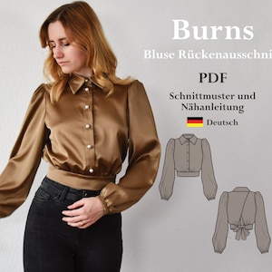 May include: A brown satin blouse with a button-up front and long sleeves. The blouse has a fitted bodice and a back cutout. The image also includes a line drawing of the blouse in two different views. The text "Burns Blouse Rücken Ausschnitt PDF Schnittmuster und Nähanleitung Deutsch" is visible in the image.