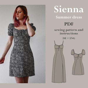 May include: Sienna Summer Dress PDF sewing pattern and instructions in German and English. The pattern shows a simple, sleeveless dress with a fitted bodice and a flowing skirt.