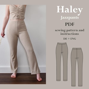 May include: A sewing pattern for Jazzpants called "Haley". The pattern includes instructions in both German and English. The pattern shows a pair of wide-leg trousers with a flared leg.
