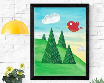 Red Bird Trees Art Print Fichier