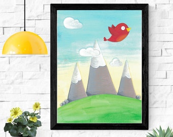 Red Bird Mountains Art Print Fichier