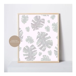 Printable Design, Monstera Plant Pattern, Illustration, Digital Print, Graphic, Poster, Wall Art, White, Light Pink
