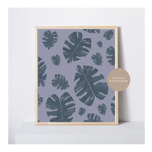 Printable Design, Monstera Plant Pattern, Illustration, Digital Print, Graphic, Poster, Wall Art, Blue