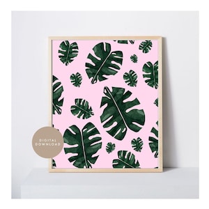 Printable Design, Monstera Plant Pattern, Illustration, Digital Print, Graphic, Poster, Wall Art, Pink