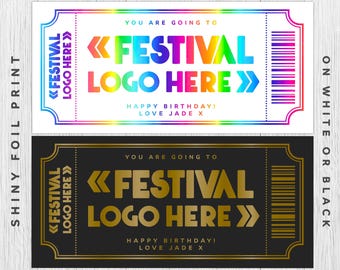 Personalised Foil Festival Keepsake Ticket Voucher, Surprise Customised Event Gift Card