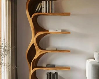 Carved Wooden Bookshelf with Organic Curves – Premium Decorative Bookshelf