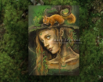 Card - The forest witch & the squirrel - fantasy art printed on sustainable paper
