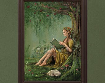 Póster - Lectura en un jardín de verano - Impresión de arte fantástico en papel sostenible