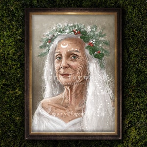 May include: A digital painting of an older woman with long white hair and a crown of holly and berries. She is wearing a white dress and has a crescent moon painted on her forehead. The background is a soft, snowy white.