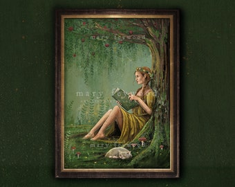 Poster - Reading in a summer garden - fantasy art print on sustainable paper