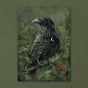 May include: A detailed painting of a black crow perched on a branch amidst green pine needles and pine cones. The crow has a white crescent moon symbol on its side. The artwork includes the text "MARY FEYWOOD" and "NO AI".