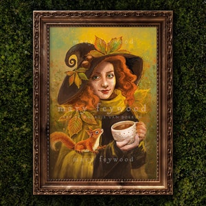 Póster - Otoño/Bruja del té de Mabon: impresión artística de fantasía en papel sostenible de Mary Feywood