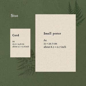 May include: A size guide graphic on a dark green background with fern illustrations. It displays a rectangular A6 card measuring 4.1 x 5.8 inches and a larger A4 small poster measuring 8.3 x 11.7 inches, both labeled with their dimensions.