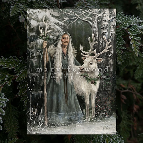 Card Yule/Christmas Reindeer Crone - witchy art on sustainable paper