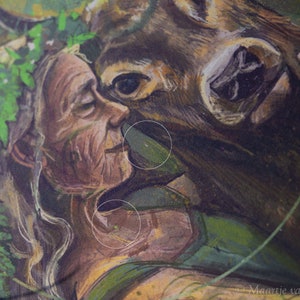 May include: A painting of a woman with long, flowing hair wearing a green dress and a crown of leaves. She is embracing a brown deer with her eyes closed. The painting has a soft, painterly style and a warm color palette.