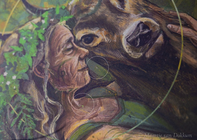 May include: A painting of a woman with long, flowing hair wearing a green dress and a crown of leaves. She is embracing a brown deer with her eyes closed. The painting has a soft, painterly style and a warm color palette.