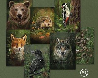 Kaartenset - Forest Animal Spirits - fantasiekunstdruk op ecopapier