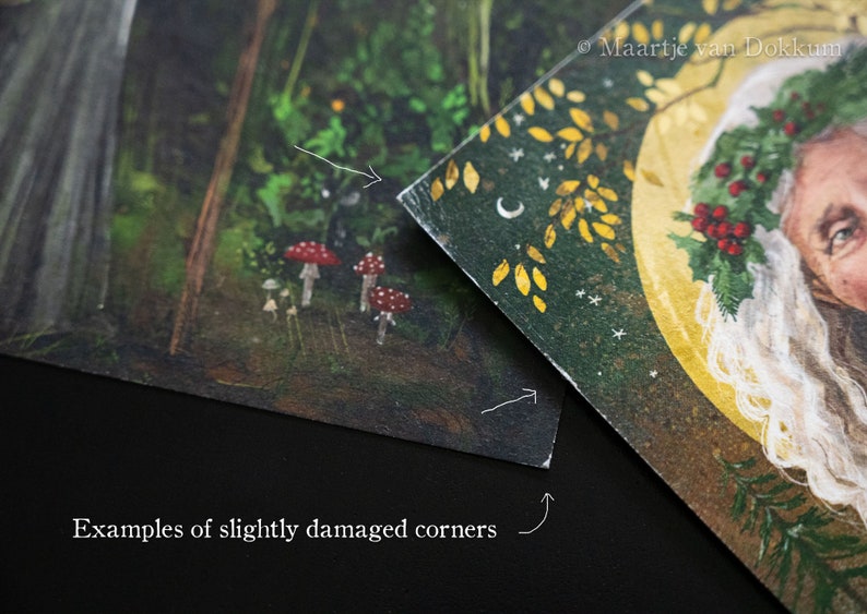 May include: Two examples of slightly damaged corners on printed cards. The first card shows a forest scene with mushrooms and a tree trunk. The second card shows a woman with a wreath of holly and berries on her head. The text "Maartje van Dokkum" is visible in the upper right corner of the second card.