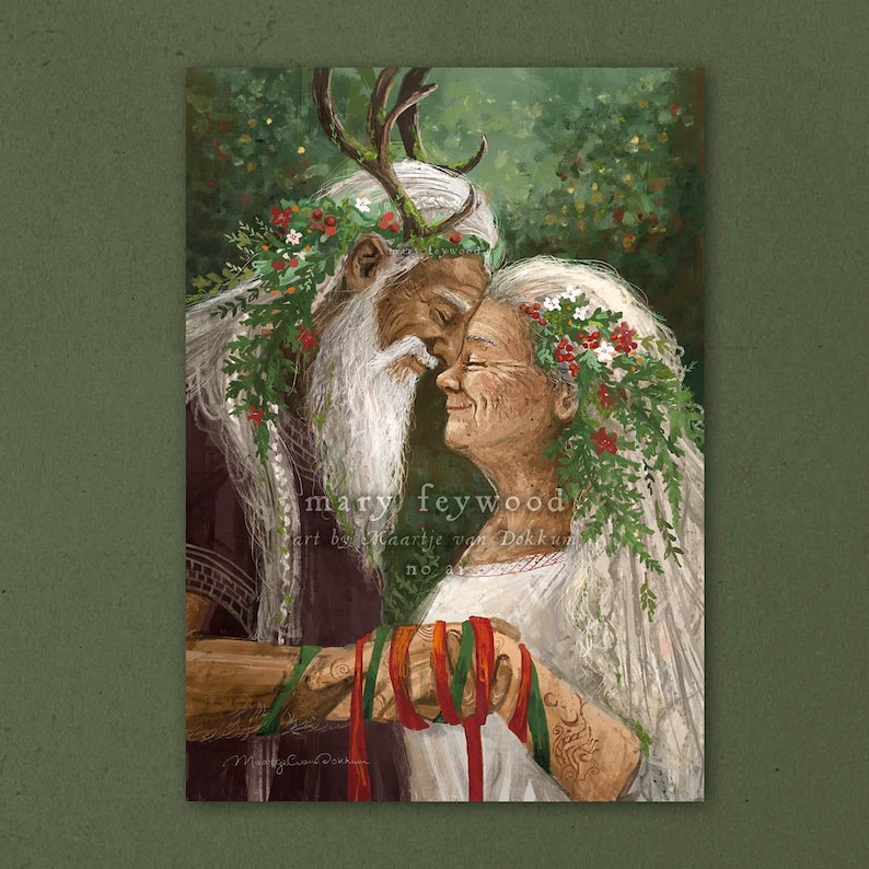 May include: A painting of a couple, a man and a woman, embracing. The man is wearing a crown of leaves and antlers, and the woman is wearing a crown of flowers. They are both holding red and green ribbons.