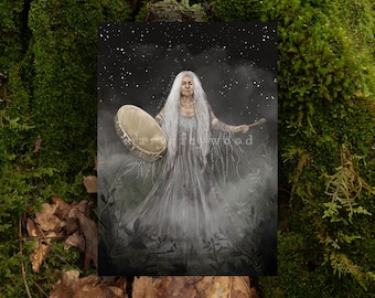 Card - Shaman Drum Crone - witchy art print on sustainable paper