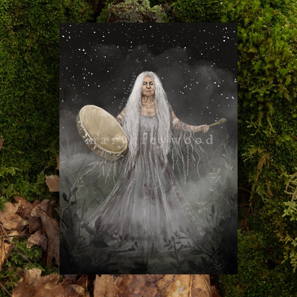 Card - Shaman Drum Crone - witchy art print on sustainable paper