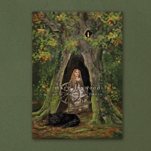 May include: An illustrated print depicting a woman with red hair inside a tree. A black dog lies at the tree's base. The print includes the text "mary feywood" and "art by Maartje van Dekkum". The color scheme features greens, browns, and oranges.