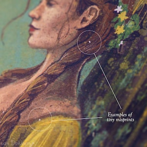 May include: Close-up of a woman's portrait with a braid, wearing a yellow dress. The image shows examples of tiny misprints in the printing process, visible as white dots on the woman's skin and hair.