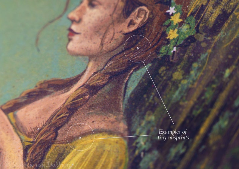May include: Close-up of a woman's portrait with a braid, wearing a yellow dress. The image shows examples of tiny misprints in the printing process, visible as white dots on the woman's skin and hair.