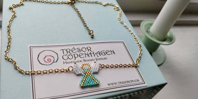 Beautiful Christmas Angel beaded necklace in mint green white and gold