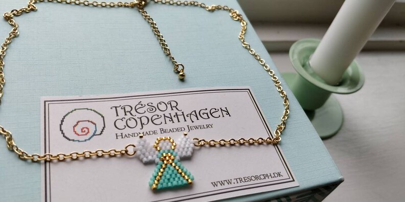 Beautiful Christmas Angel beaded necklace in mint green white and gold