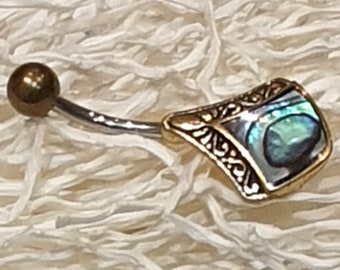 Belly button piercing with abalone, antique gold