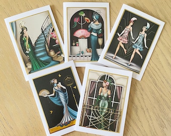 Art Deco Greeting Cards: Handmade Gold Foil Notecards, Pack of 5