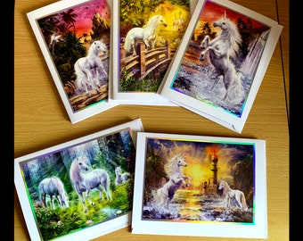Unicorn Cards, Pack of 5 Cards ideal for birthday cards, other occasions or as notecards