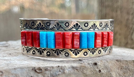 Omg!! Vintage Native American Navajo Lapis Inlay Coral Sterling Silver Bracelet Old Cuff Omg!! Vintage Native American Navajo Lapis Inlay Coral Sterling Silver Bracelet Old Cuff