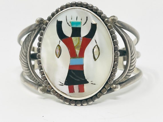 Ceremony Dancer!! Vintage Native American Zuni Turquoise Inlay Sterling Silver Bracelet Ceremony Dancer!! Vintage Native American Zuni Turquoise Inlay Sterling Silver Bracelet
