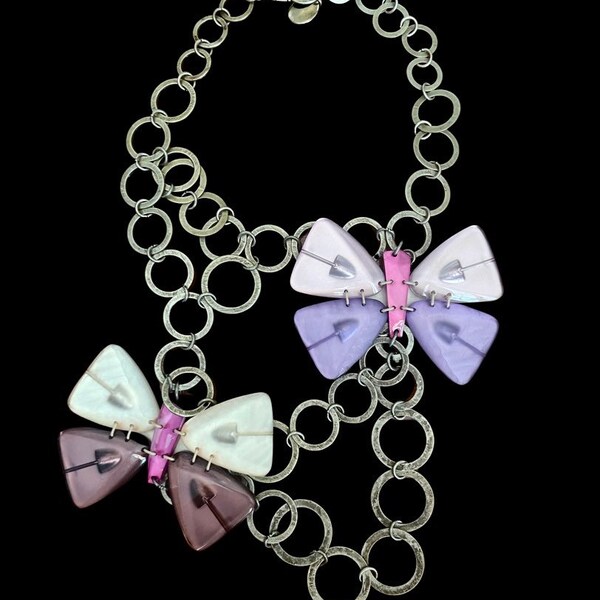 Designer Colorful Lucite Butterflies Silver Link Necklace by Pono, Italy.