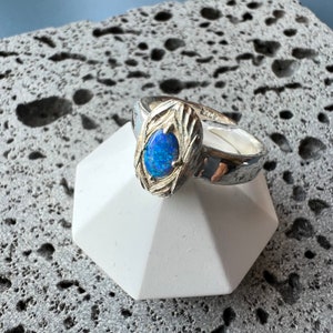 Ring - Handmade Jewelry Carved Sterling Silver Elegant Opal Ring Genuine Australian Opal Oval Gemstone Adjustable Ring Blue Vintage