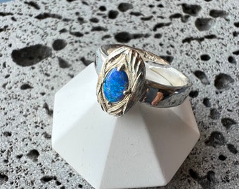 Ring - Handmade Jewelry Carved Sterling Silver Elegant Opal Ring Genuine Australian Opal Oval Gemstone Adjustable Ring Blue Vintage