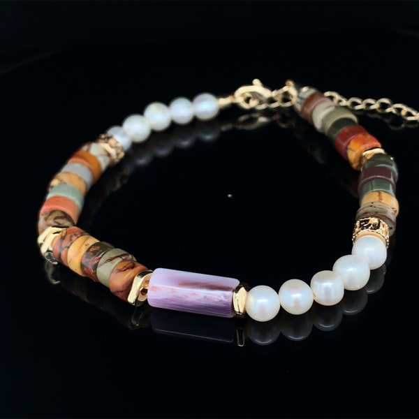 Genuine Wampum Quahog Shell & Jasper, Pearl Gold Filled Beads Bracelet with Natural Style Native American SSBR309055