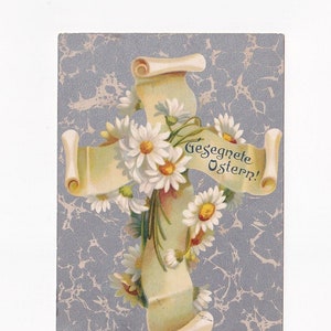 Croce di nastri con margherite, antica cartolina tedesca con sfondo argento, 1904