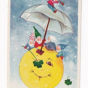 Zwerge auf Mond mit Schirm bei Schnee, deutsche Vintage-Postkarte