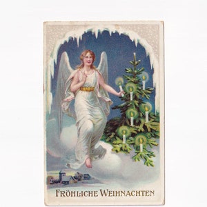 Engel unter Eiszapfen mit Weihnachtsbaum, antike Postkarte, 1922 versendet