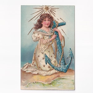 Mädchen mit Blumenanker am Meer, antike deutsche Postkarte