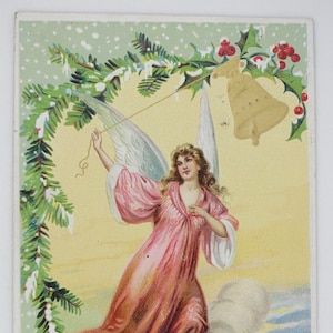 Engel auf Wolke mit Glocke, antike Postkarte, 1914 versendet