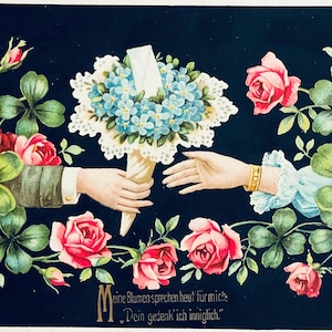 Mãos com buquê de miosótis, rosas e trevo, antigo cartão postal alemão, enviado em 1911