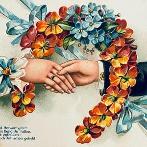 Hände mit Blumen-Hufeisen, antike deutsche Postkarte mit Prägung, 1910 versendet
